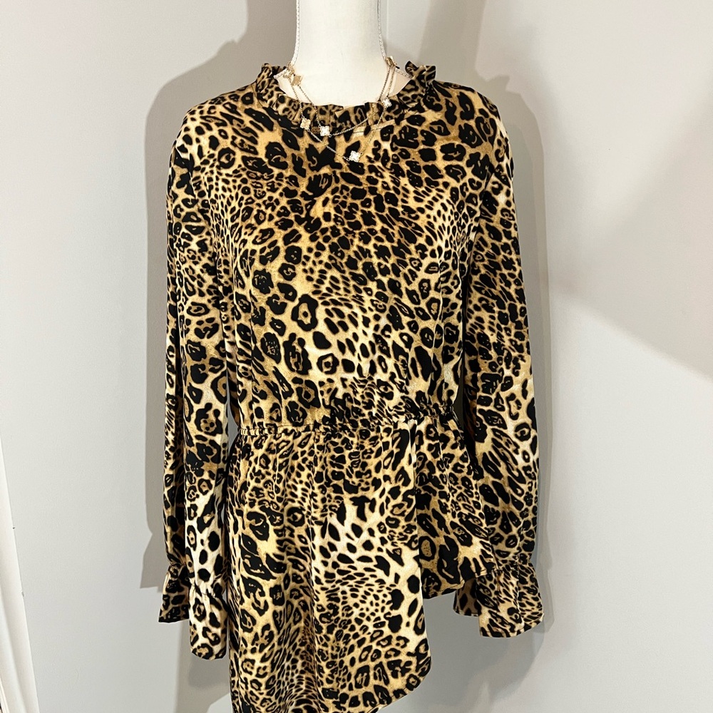 Animal Print Asymmetrical Blouse with Ruffled Collar XL
